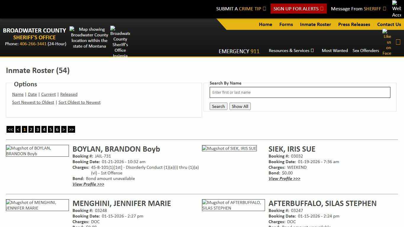 Inmate Roster - Current Inmates Booking Date Descending - Broadwater County Sheriff
